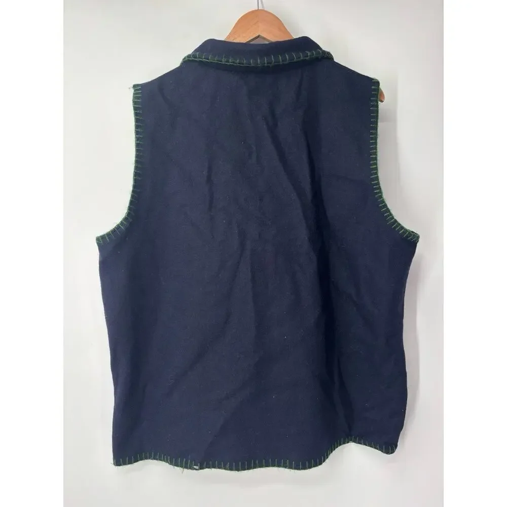 Vintage Lemon Grass Wool Vest 18W Navy Fall Leaves Appliqué Cottagecore